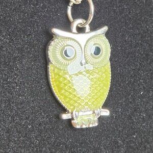 Owl Pendant Necklace Women's Enamel Olive-Green Charm Silver Tone